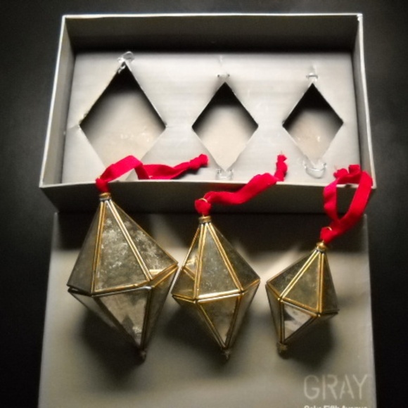 Gray Saks Fifth Avenue Diamond Shape Glass Christmas Ornaments Three Set NWT